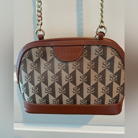 NWT Sandro Marron Brown Small Canvas Leather Logo Chain Strap Crossbody Bag - Picture 5 of 16